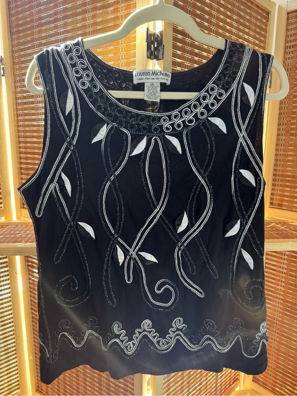 Lauren Michelle Black Tank with White Embroidered Leaf Accents N0356